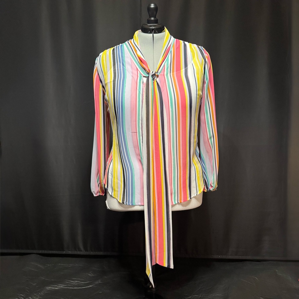 New York & Company Rainbow Sheer Vertical Stripes Tie-Neck Blouse | Size XL - Picture 16 of 16